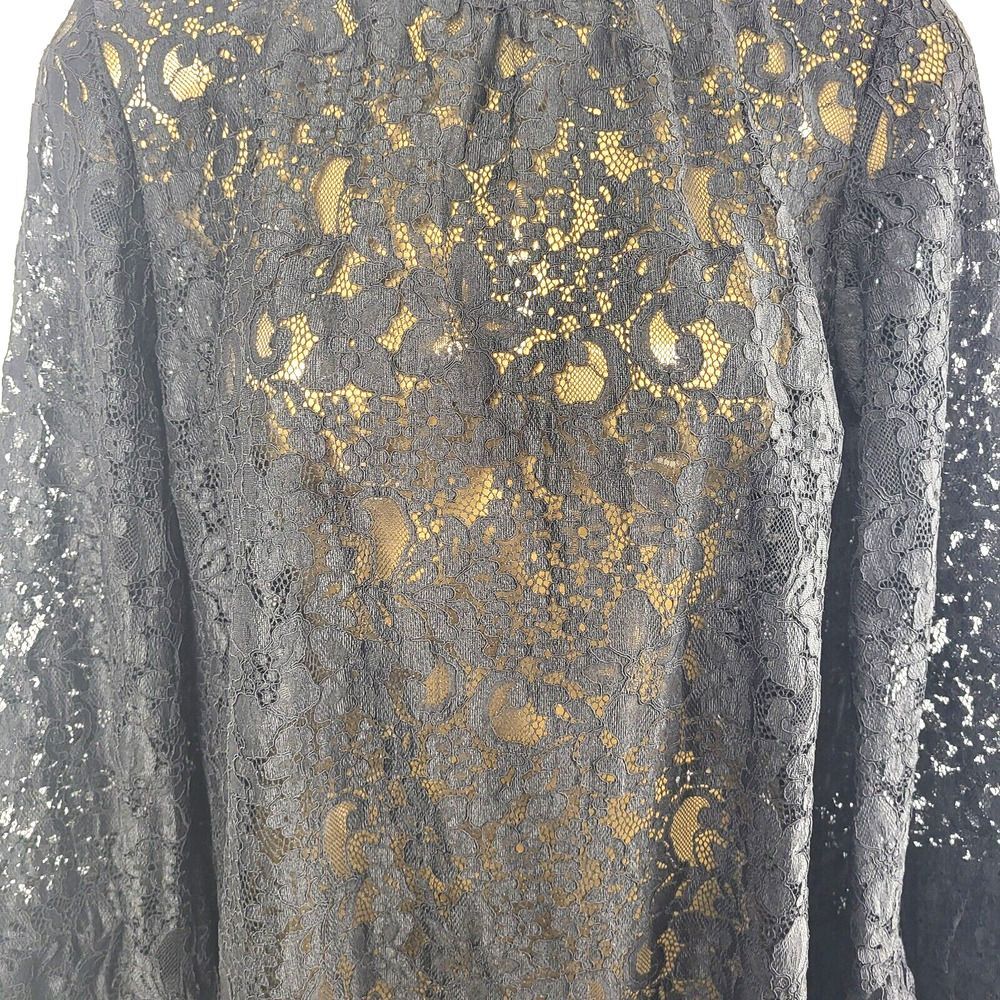 ZARA X-Small Sheer Black Lace Blouse Pullover Bell Sleeves 3 Tiered Lace Cuff - Picture 14 of 14